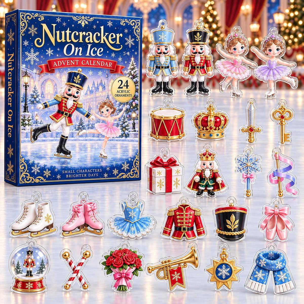 May include: A Nutcracker on Ice advent calendar box featuring 24 acrylic ornaments including nutcrackers, ballerinas, a drum, crown, sword, key, gift box, ice skates, ballet tutu, jacket, hat, slippers, snow globe, roses, trumpet, and scarf.