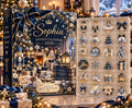 May include: A navy blue Sophia Advent Calendar 2026 box featuring a large bow, a nutcracker, and a cat, with text reading Small Things Brighten Bigger Days, Joy, Peace, Kindness, Brighter Days, and 24 Days of Beauty, Grace and Joy.