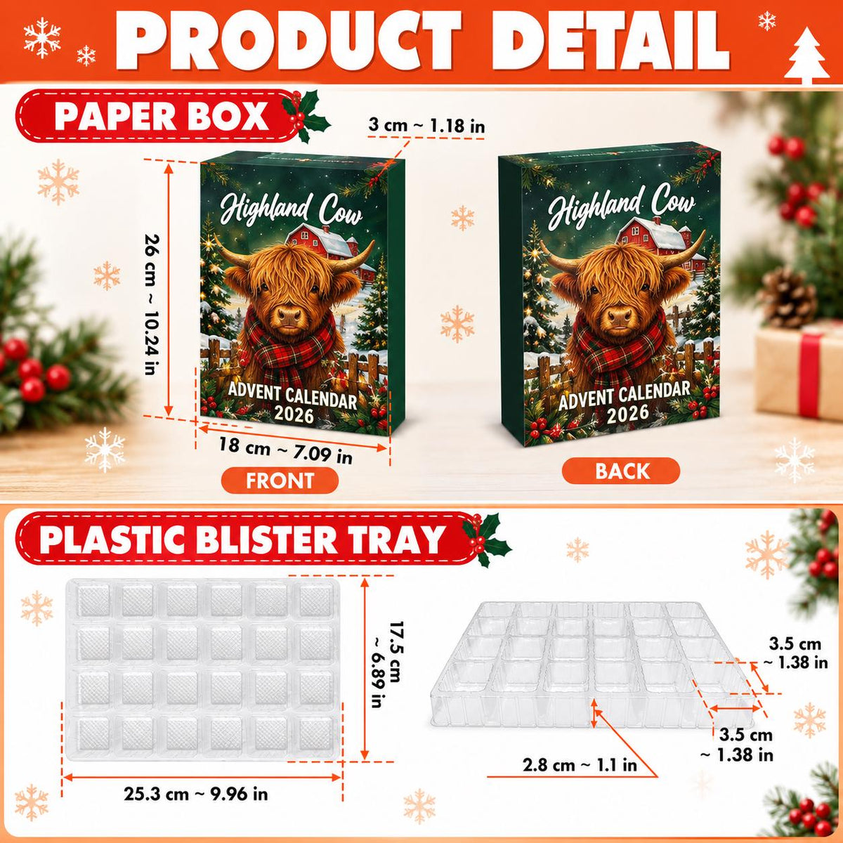 May include: A Highland Cow advent calendar 2026 paper box measuring 10.24 inches by 7.09 inches by 1.18 inches, shown from front and back, alongside a clear plastic blister tray measuring 9.96 inches by 6.89 inches with 1.38 inch compartments.