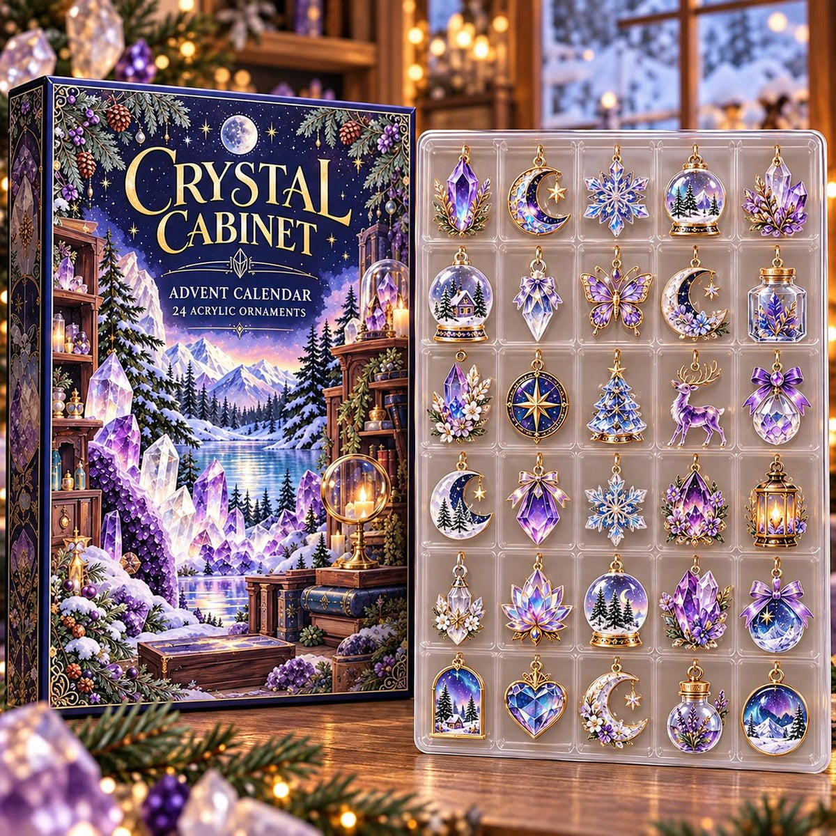 May include: A Crystal Cabinet advent calendar box featuring a winter landscape with purple crystals and 24 acrylic ornaments in a clear tray, including shapes like snowflakes, moons, stars, deer, and snow globes with gold-toned metal accents.