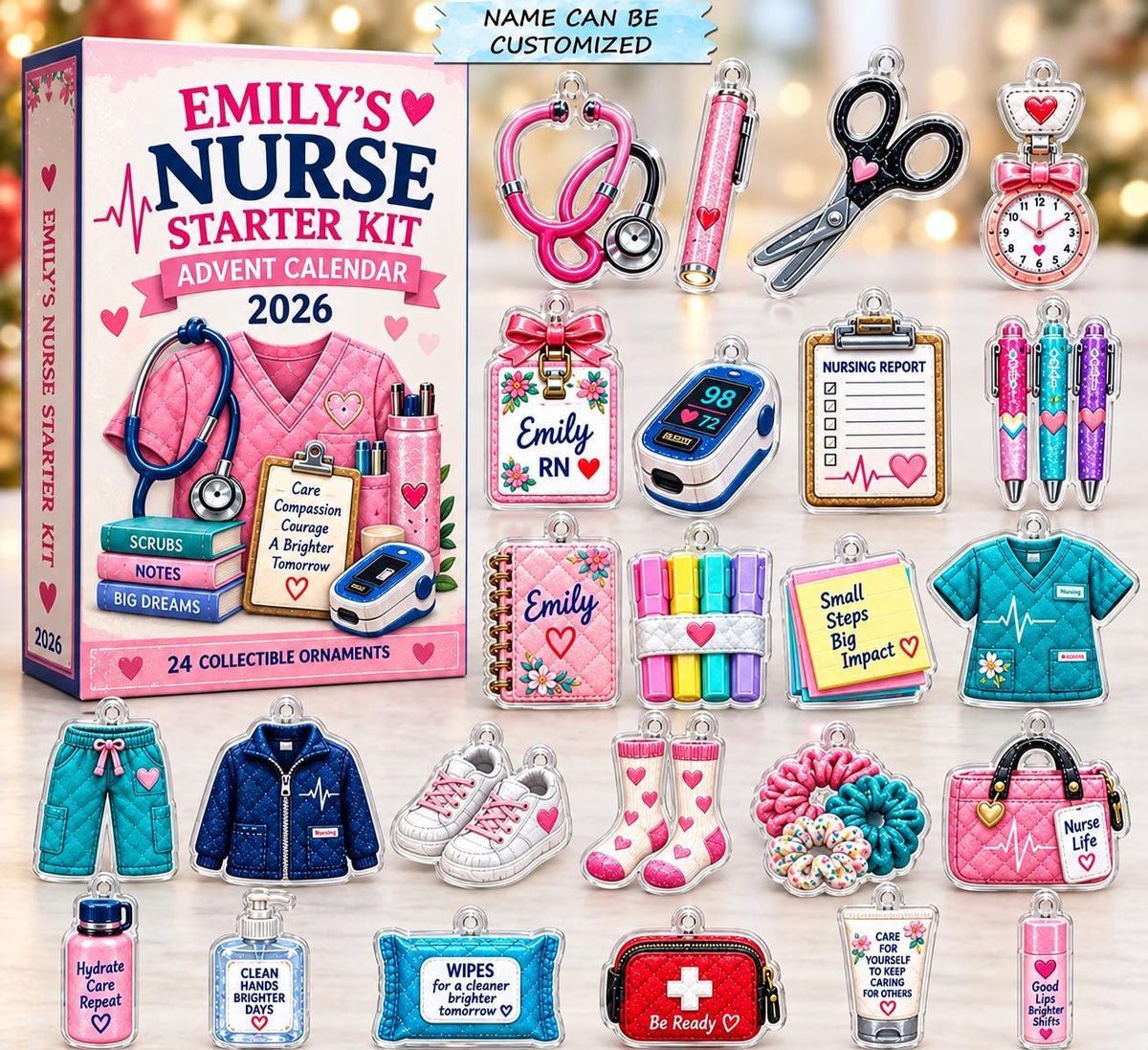 May include: A nurse starter kit advent calendar box labeled 2026 with 24 collectible ornaments including acrylic charms of a stethoscope, scrubs, clipboard, pulse oximeter, pens, sneakers, socks, hair scrunchies, and medical supplies.