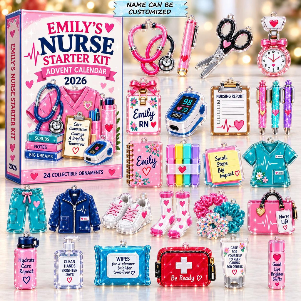 May include: A 2026 Nurse Starter Kit advent calendar box featuring 24 collectible ornaments including a stethoscope, nursing report clipboard, pulse oximeter, scrubs, sneakers, socks, hair scrunchies, water bottle, and medical supplies with heart motifs.