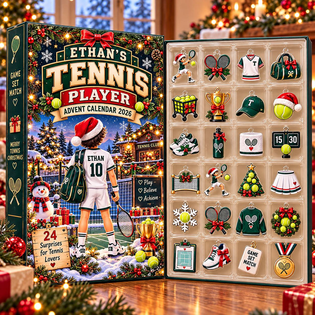 May include: A 2026 tennis-themed advent calendar featuring a box with a tennis player illustration and 24 individual compartments containing miniature tennis-related ornaments like rackets, trophies, sneakers, and balls.