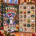May include: A 2026 tennis-themed advent calendar featuring a box with a tennis player illustration and 24 individual compartments containing miniature tennis-related ornaments like rackets, trophies, sneakers, and balls.