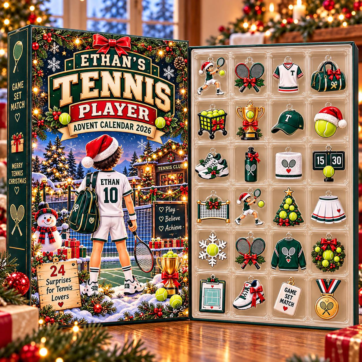 May include: A 2026 tennis-themed advent calendar featuring a box with a tennis player illustration and 24 individual compartments containing miniature tennis-related ornaments like rackets, trophies, sneakers, and balls.