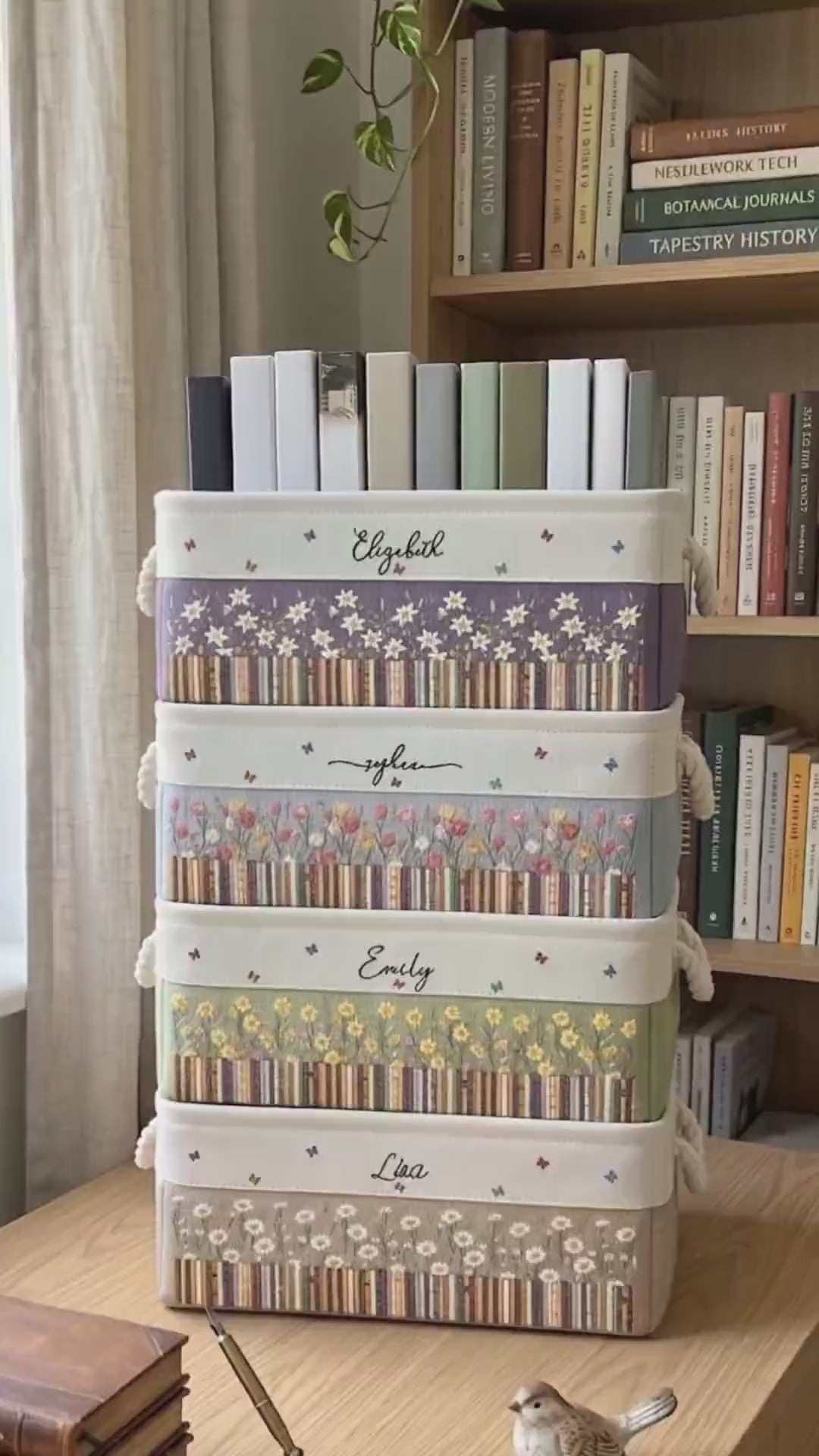Custom Birth Flower Book Basket With Name, Floral Canvas Storage Bin, Book Lover Decor, Personalized Organizing Basket, Gift For Librarian. BBPETAL1