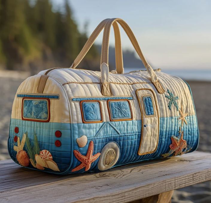 Beachside Camper Quilted Duffle Bag – Coastal Travel Weekender Tote, Lightweight Overnight Gym Bag for Women, Summer Vacation Duffel Gift