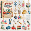 May include: A set of 24 acrylic ornaments featuring sewing-themed illustrations, including scissors, spools, thimbles, buttons, and a sewing machine. The items are displayed alongside a box labeled Sewing Essentials 2026 with floral accents.