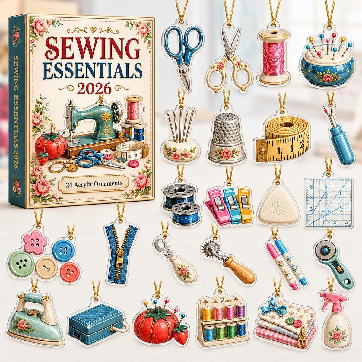May include: A set of 24 acrylic ornaments featuring sewing-themed illustrations, including scissors, spools, thimbles, buttons, and a sewing machine. The items are displayed alongside a box labeled Sewing Essentials 2026 with floral accents.