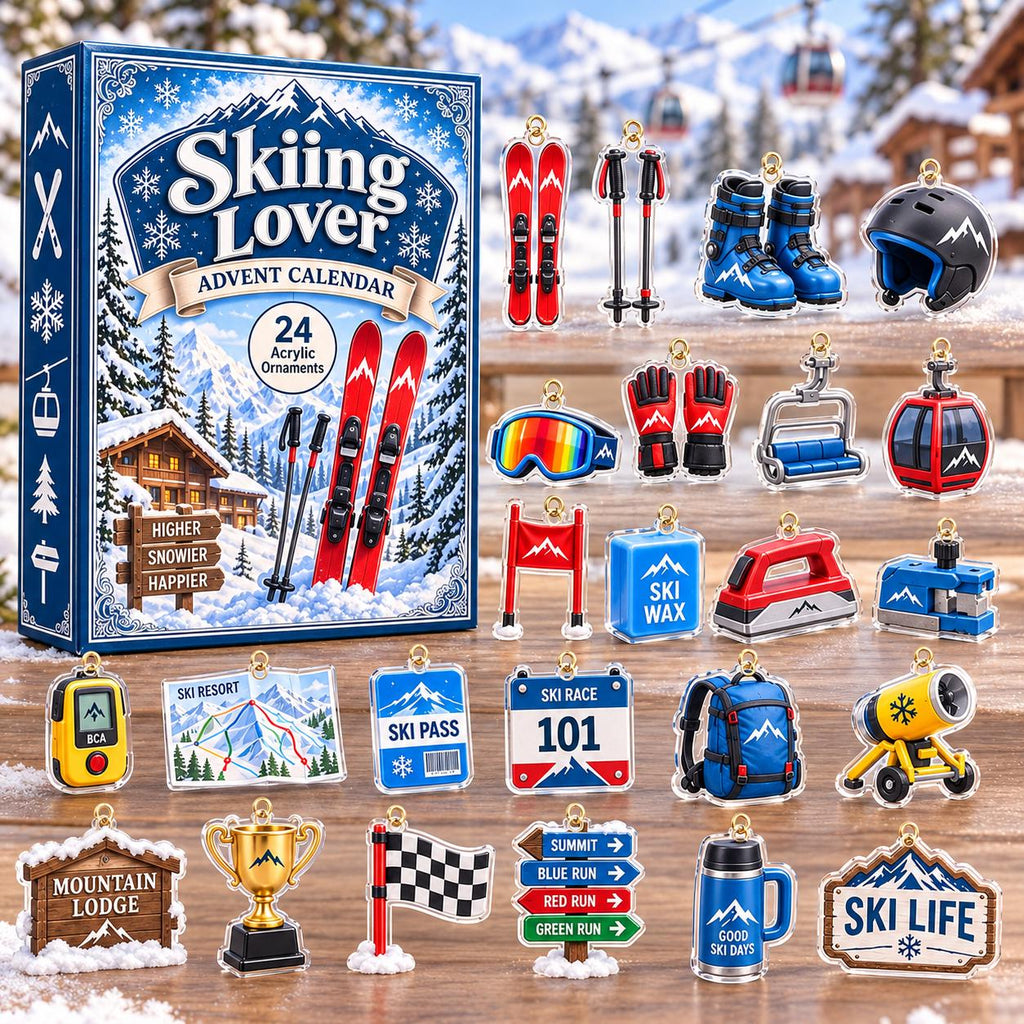 May include: A Skiing Lover advent calendar box featuring 24 acrylic ornaments including skis, poles, boots, a helmet, goggles, gloves, a chairlift, a gondola, a wax iron, a backpack, a snow cannon, a trophy, a checkered flag, and various signs.