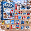 May include: A Skiing Lover advent calendar box featuring 24 acrylic ornaments including skis, poles, boots, a helmet, goggles, gloves, a chairlift, a gondola, a wax iron, a backpack, a snow cannon, a trophy, a checkered flag, and various signs.