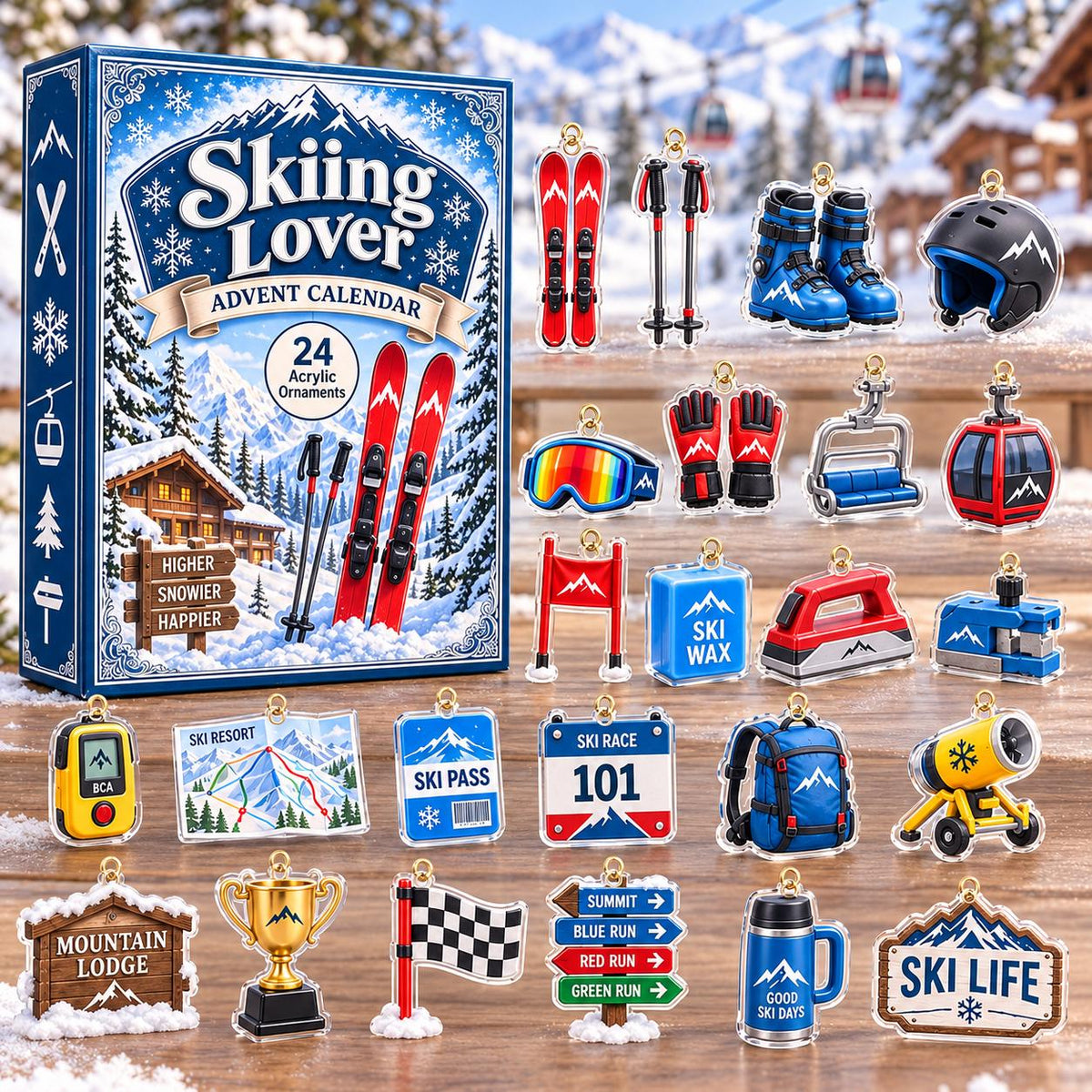 May include: A Skiing Lover advent calendar box featuring 24 acrylic ornaments including skis, poles, boots, a helmet, goggles, gloves, a chairlift, a gondola, a wax iron, a backpack, a snow cannon, a trophy, a checkered flag, and various signs.