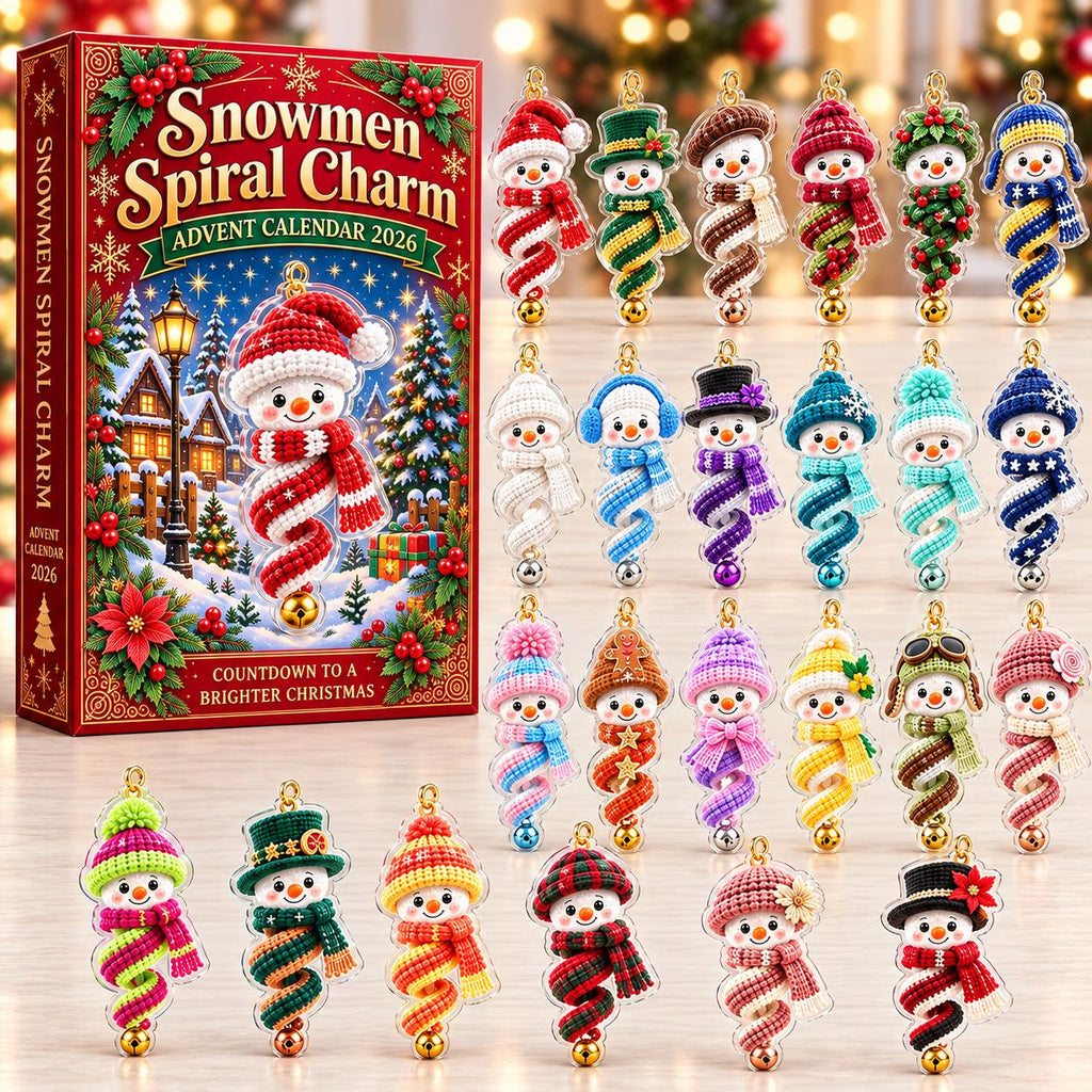 May include: A Snowmen Spiral Charm Advent Calendar 2026 box featuring a winter scene and twenty-four individual snowman ornaments. Each snowman has a unique hat, scarf, and spiral body design with a small gold bell attached at the bottom.