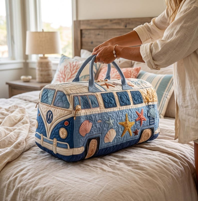 Hippie Van Beach Quilted Duffle Bag, Retro Travel Weekender Bag, Boho Summer Overnight Bag, Coastal Road Trip Carry On, Gift for Her