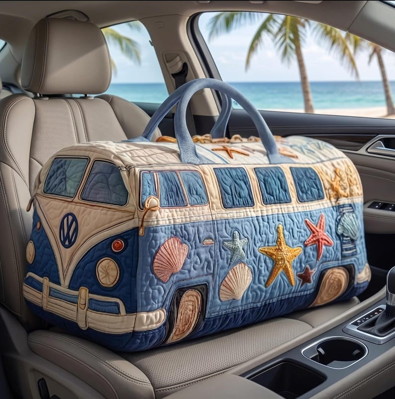 Hippie Van Beach Quilted Duffle Bag, Retro Travel Weekender Bag, Boho Summer Overnight Bag, Coastal Road Trip Carry On, Gift for Her