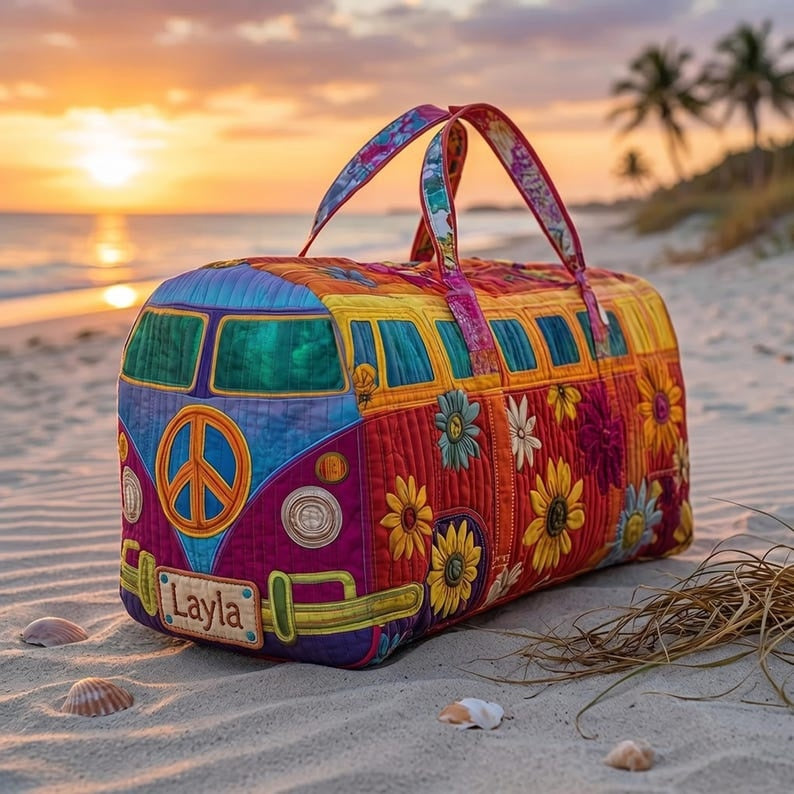 Personalized Vintage Hippie Bus Quilted Look Duffle Bag, Retro Weekend Travel Bag, Large Capacity Overnight Tote