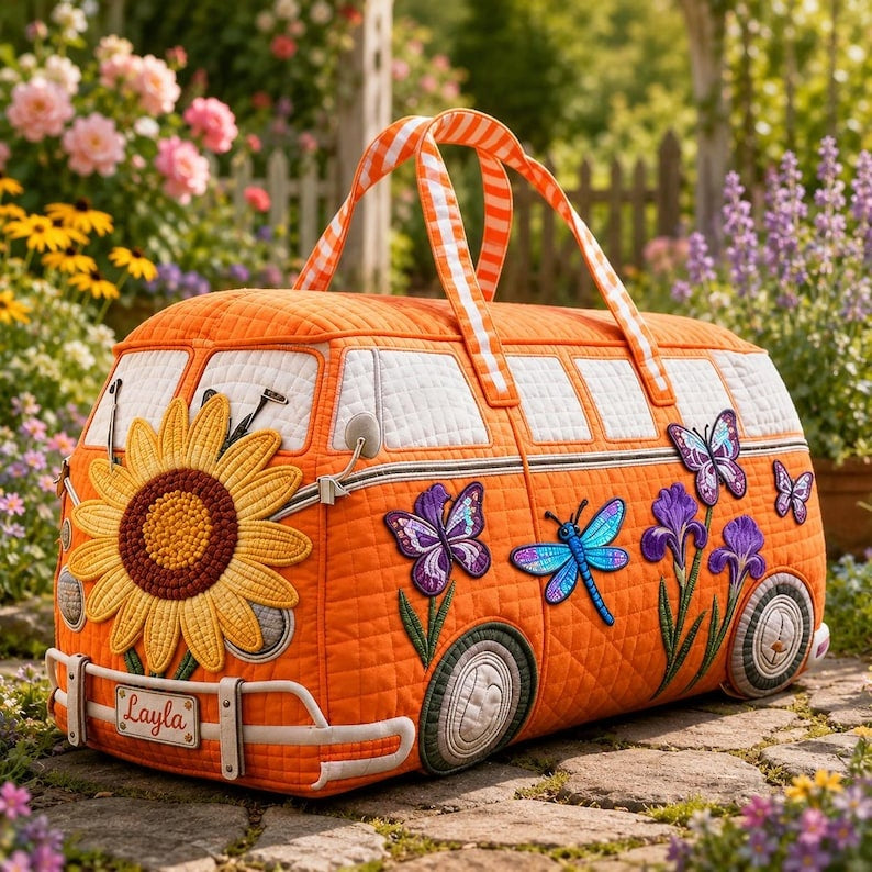 Personalized Floral and Butterfly Art Print Quilted Look Duffle Bag, Retro Weekend Travel Bag, Large Capacity Overnight Tote