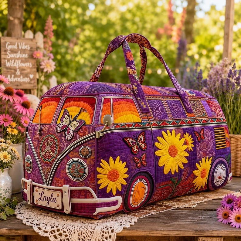 Personalized Hippie Style Butterfly Sunflower Quilted Look Duffle Bag, Retro Weekend Travel Bag, Large Capacity Overnight Tote
