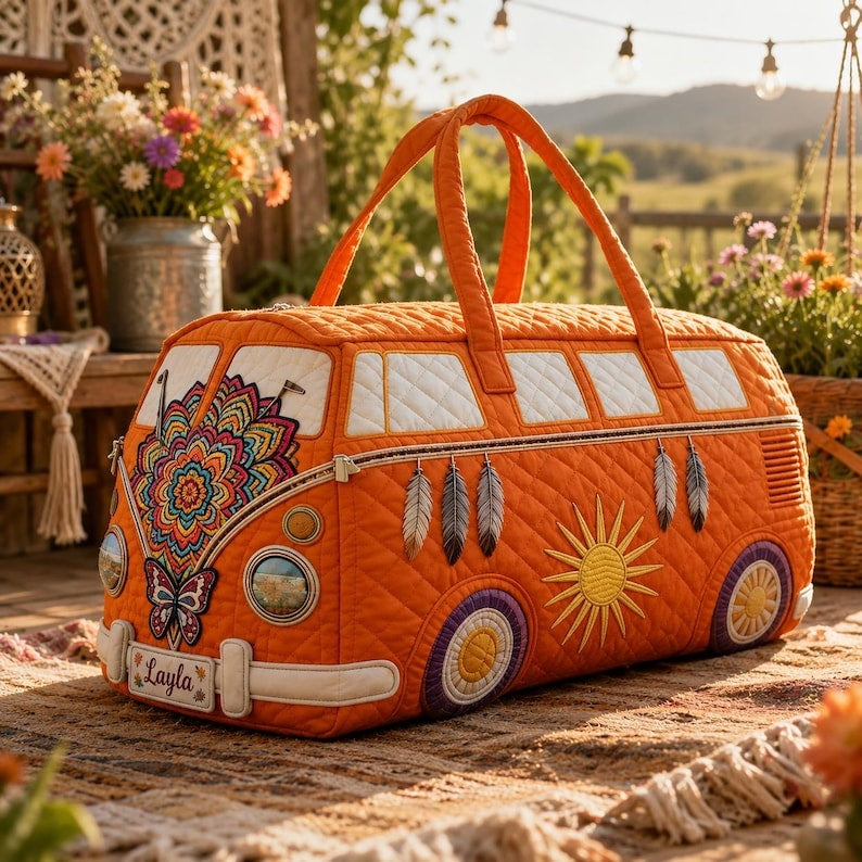 Personalized Hippie Style Butterfly Sun Quilted Look Duffle Bag, Retro Weekend Travel Bag, Large Capacity Overnight Tote