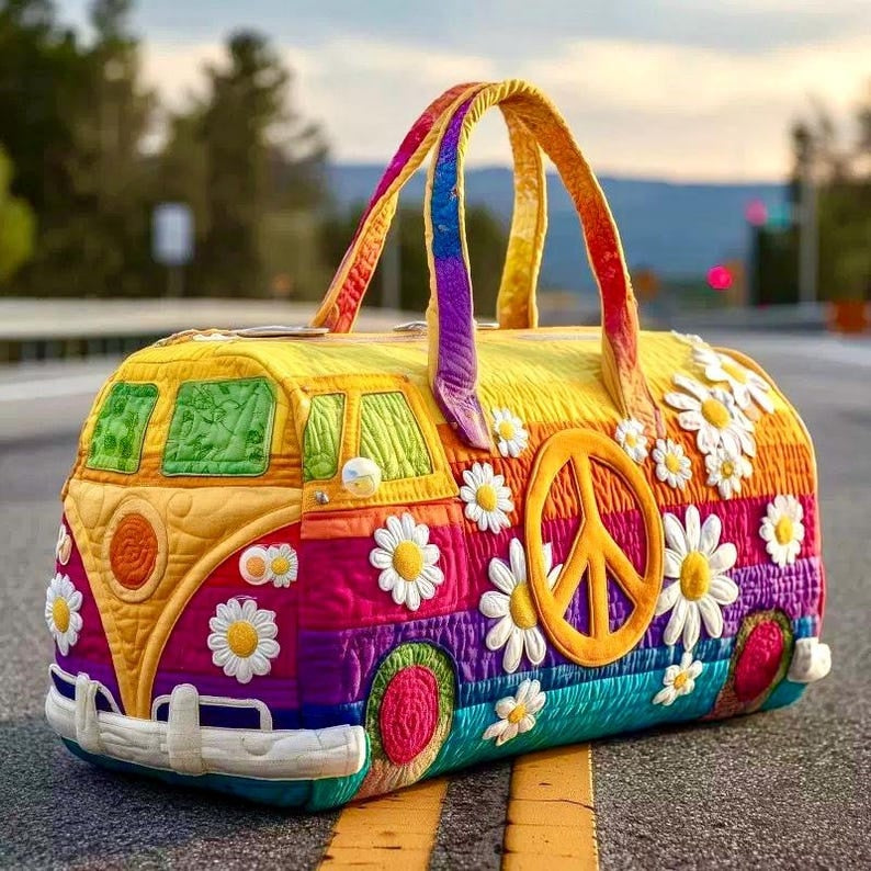 Retro Van Duffle Bag, Peace Sign Flower Quilted Look Travel Weekender Tote, Large Capacity Overnight Handbag