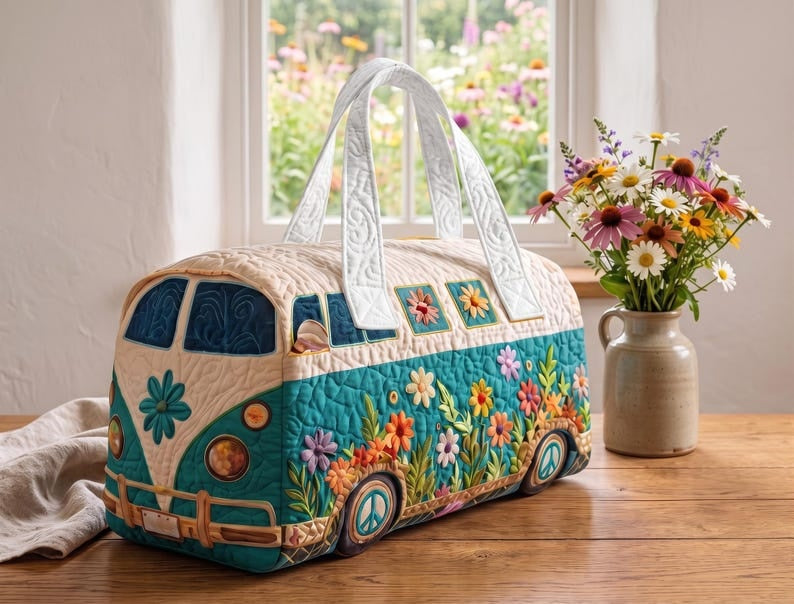 Floral Camping Van Quilted Look Duffle Bag, Retro Boho Weekender Travel Tote, Large Capacity Overnight Handbag