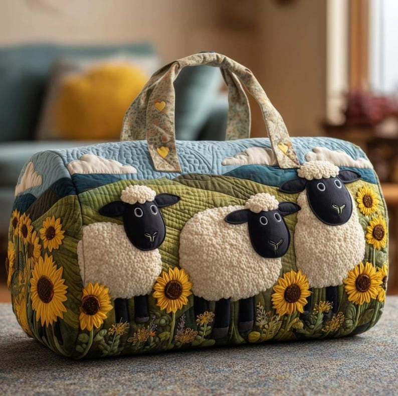 Sheep Quilted Duffle Bag: Sheep Travel Weekender Bag, Cute Weekender Duffel Gift for Her, Sheep Shoulder Bag, Gift For Mom