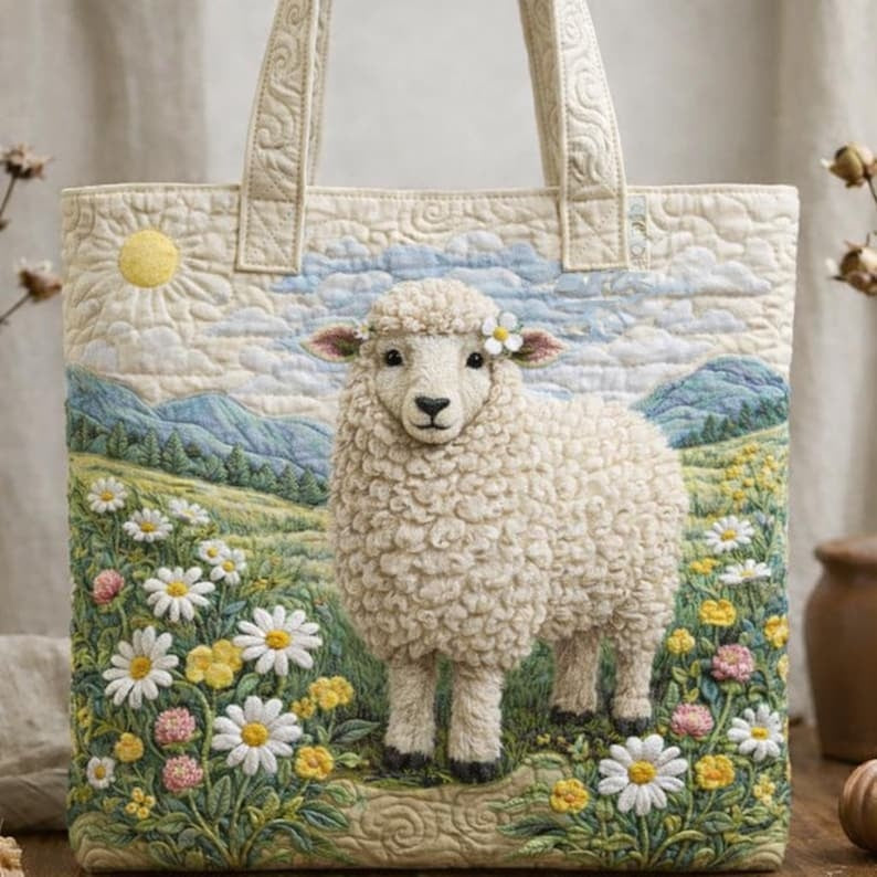 Pastoral Sheep Tote Bag, Quilted Floral Farm Design, Cottagecore Canvas Bag, Cute Animal Shoulder Bag, Gift for Nature Lovers