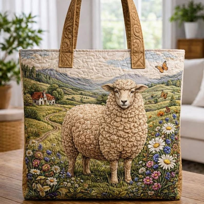 Quilted Sheep Tote Bag, Handmade Patchwork Bag, Farm Cottagecore Tote, Cute Lamb Design Bag, Nature Inspired Gift for Her