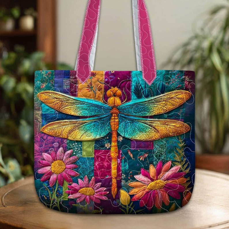 Colorful Dragonfly Quilted Tote Bag, Dragonfly With Wildflowers Bags, Boho Bags Gift for Women, Natural Lover Gift, Dragonfly Lover Gift