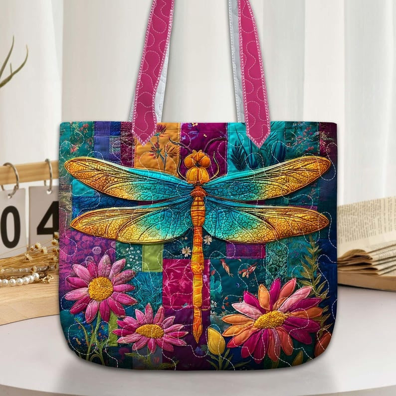 Colorful Dragonfly Quilted Tote Bag, Dragonfly With Wildflowers Bags, Boho Bags Gift for Women, Natural Lover Gift, Dragonfly Lover Gift
