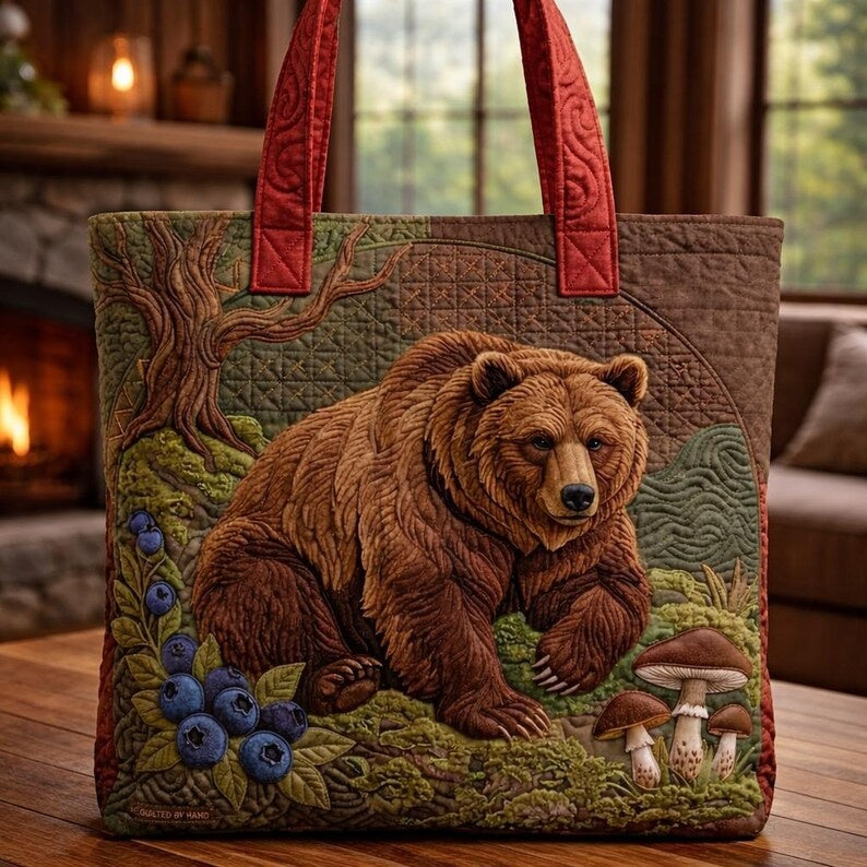 Quilted Tote Bag Forest Bear Design, Handmade Patchwork Bag, Nature Inspired Tote, Rustic Woodland Bag, Gift for Nature Lovers