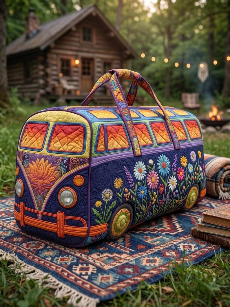 Camping Bus Quilted Look Duffle Bag, Retro Floral Weekend Travel Bag, Large Capacity Overnight Tote for Women