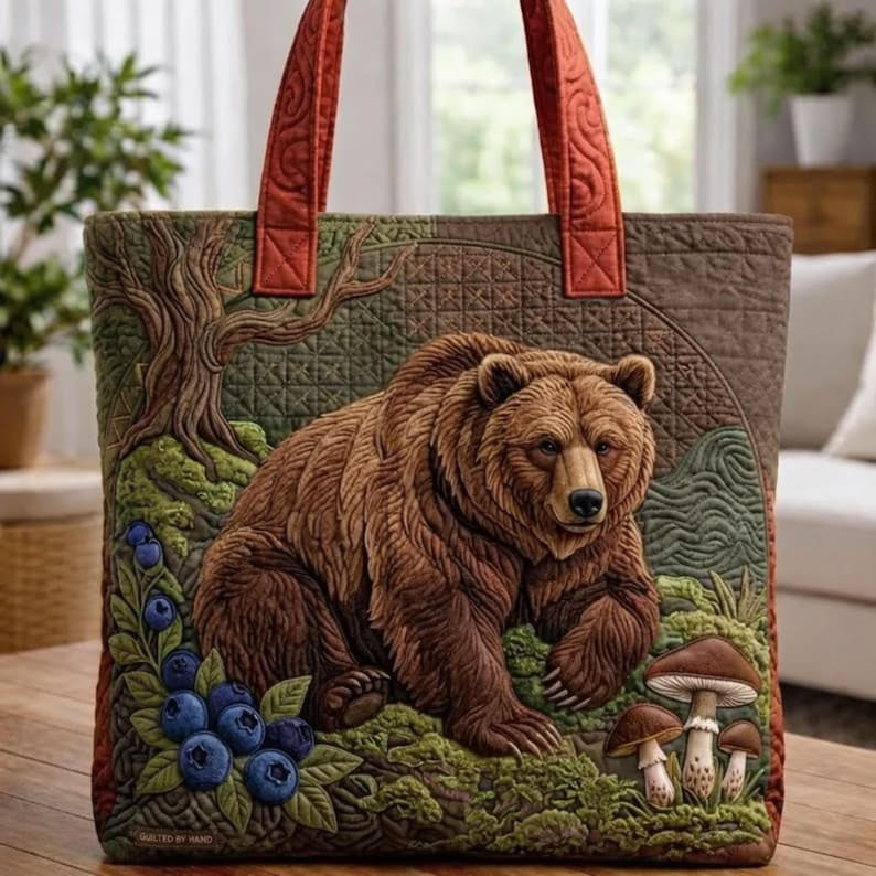 Quilted Tote Bag Forest Bear Design, Handmade Patchwork Bag, Nature Inspired Tote, Rustic Woodland Bag, Gift for Nature Lovers
