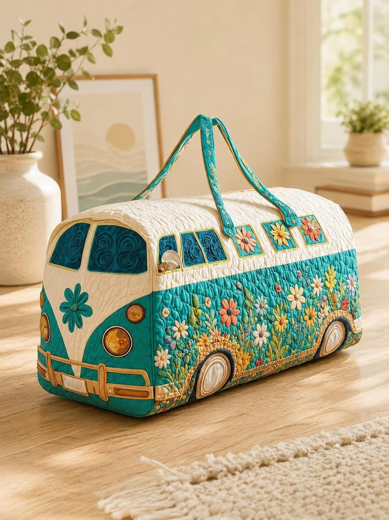 Floral Camping Bus Quilted Look Duffle Bag, Retro Weekend Travel Bag, Large Capacity Overnight Tote for Women
