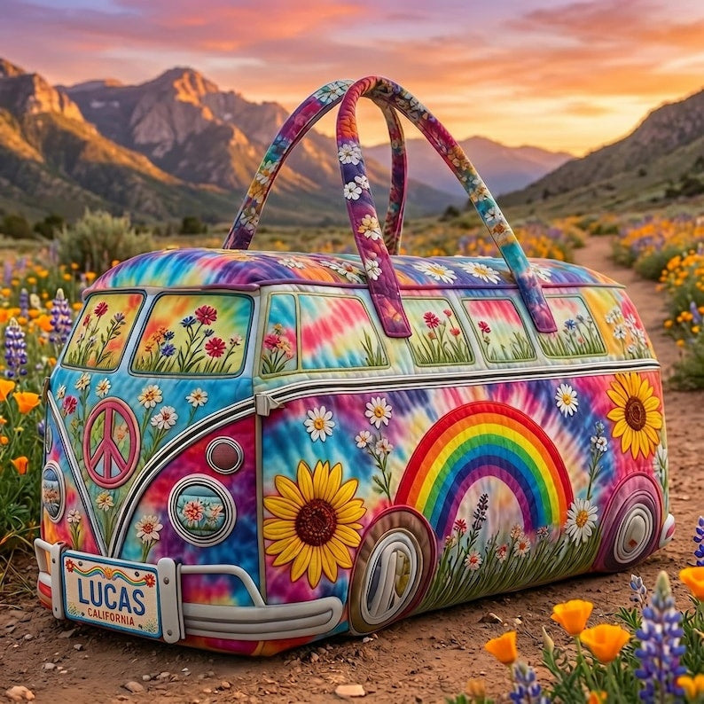 Personalized Tie-Dye Rainbow Print Quilted Look Duffle Bag, Retro Weekend Travel Bag, Large Capacity Overnight Tote