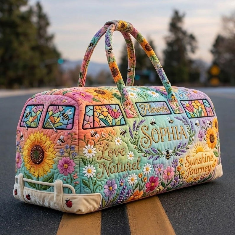 Personalized Floral Travel Van Duffle Bag, Sunflower Quilted Look Weekender Tote, Large Capacity Overnight Handbag