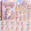 May include: A Unicorn Rainbow advent calendar box featuring a white unicorn with a colorful mane and horn, accompanied by 24 individual acrylic ornaments depicting various unicorn characters with pastel accents, flowers, and magical elements.