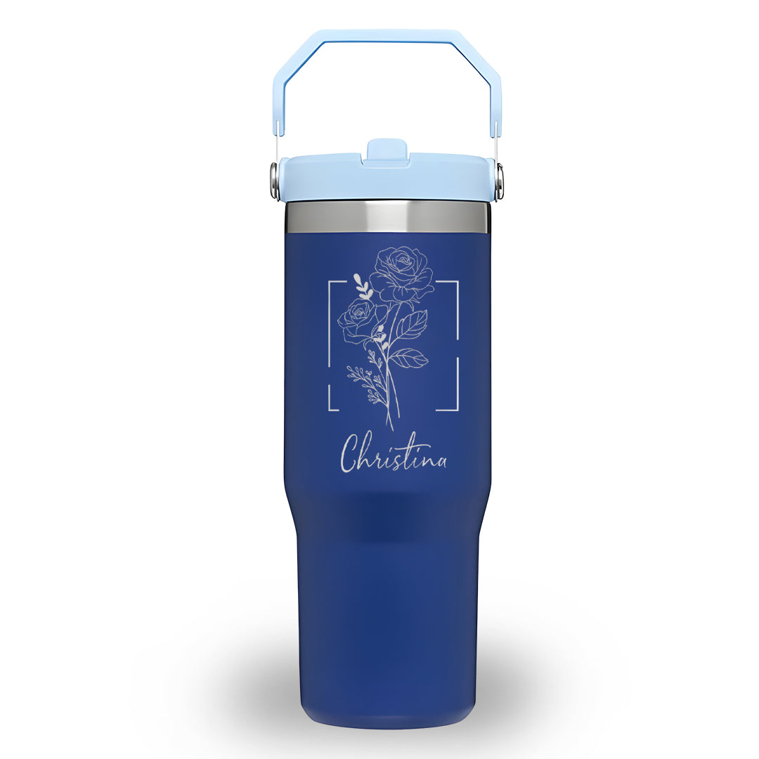 Personalized Monthly Bloom Tumbler with Handle, Custom Name 40oz Cup, Birth Flower Engraved Insulated Mug, Unique Birthday Gift for Her