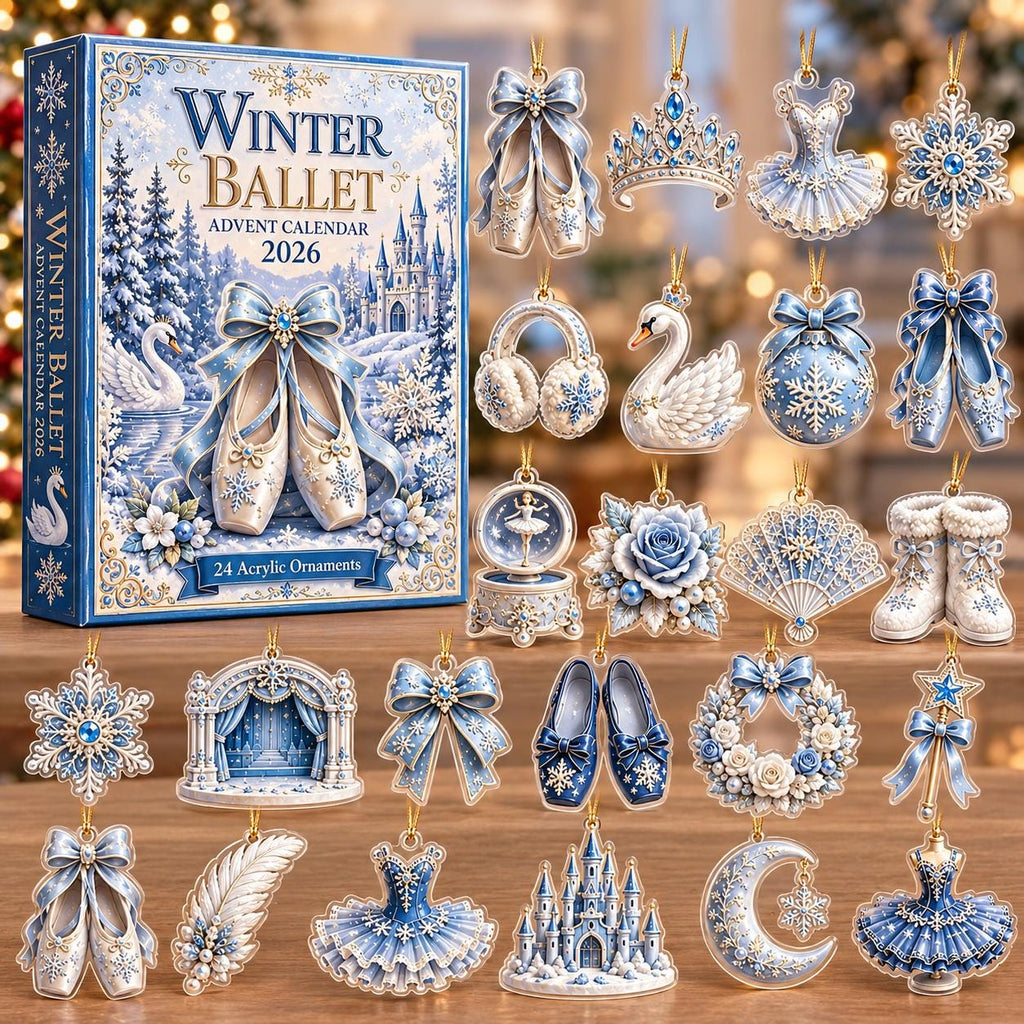 May include: A Winter Ballet 2026 advent calendar box featuring a blue and white winter scene with ballet slippers and a castle. The set includes 24 acrylic ornaments depicting ballet shoes, crowns, swans, snowflakes, roses, fans, and castles.