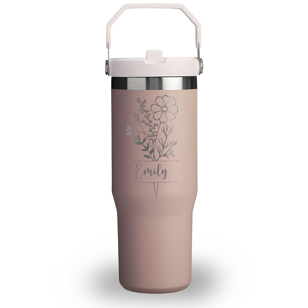 Personalized Birth Flower Flip Straw Tumbler, Custom Name Engraved 40oz Cup, Monthly Bloom Floral Gift for Her, Christmas Gifts, Bridesmaid Gift