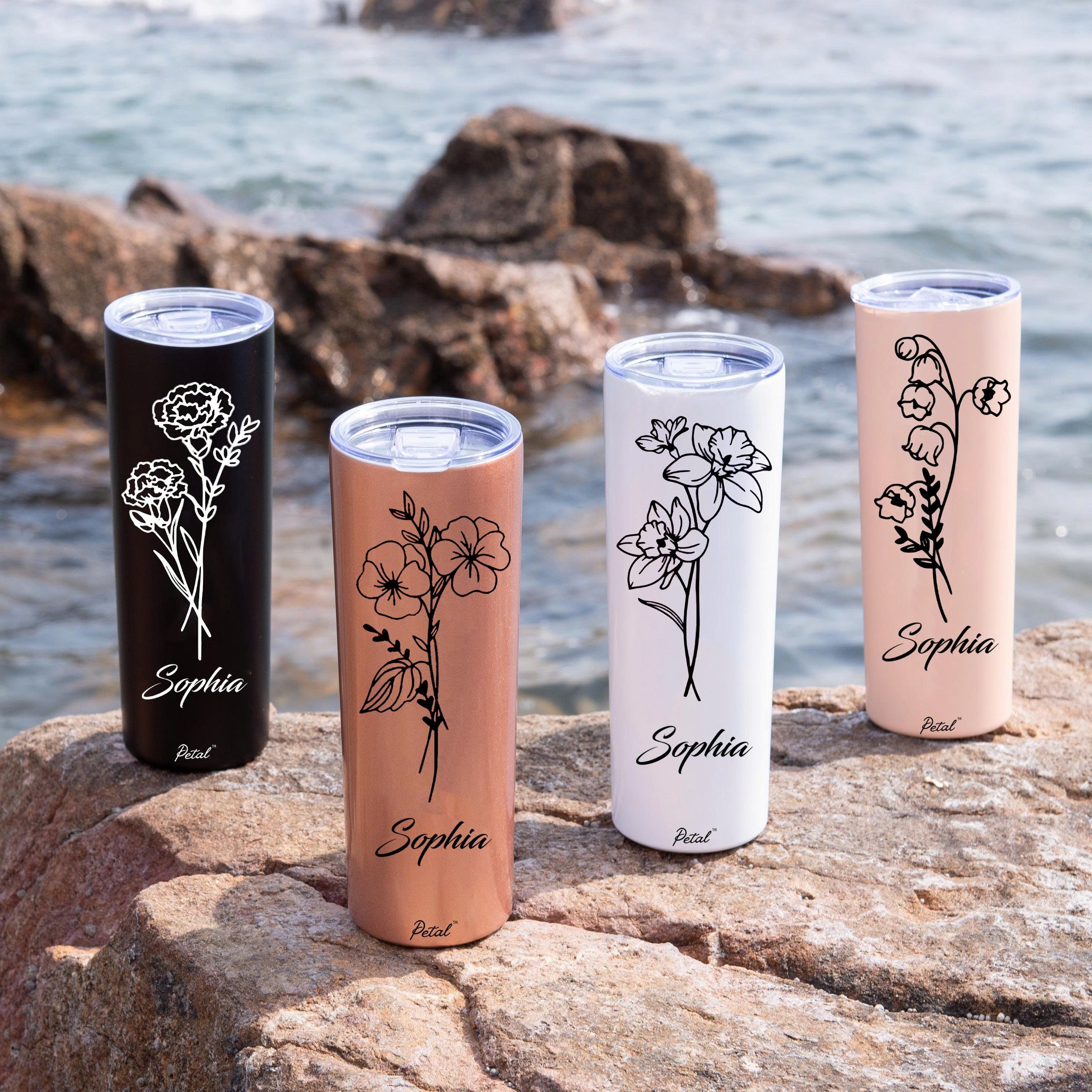 Personalized Birth Flowers 30oz Skinny Glitter Tumbler, Bridesmaid Gift, Custom Name Travel Cup, Birthday Gift, Gift For Her Mother