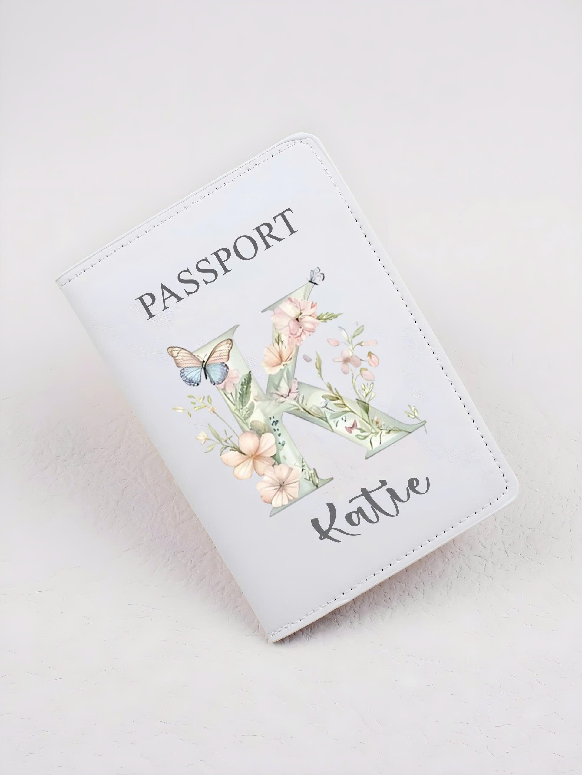 Personalized Leather Passport Cover, Custom Name Flower Alphabet Passport Holder, Travel Wallet Gift for Women Travelers
