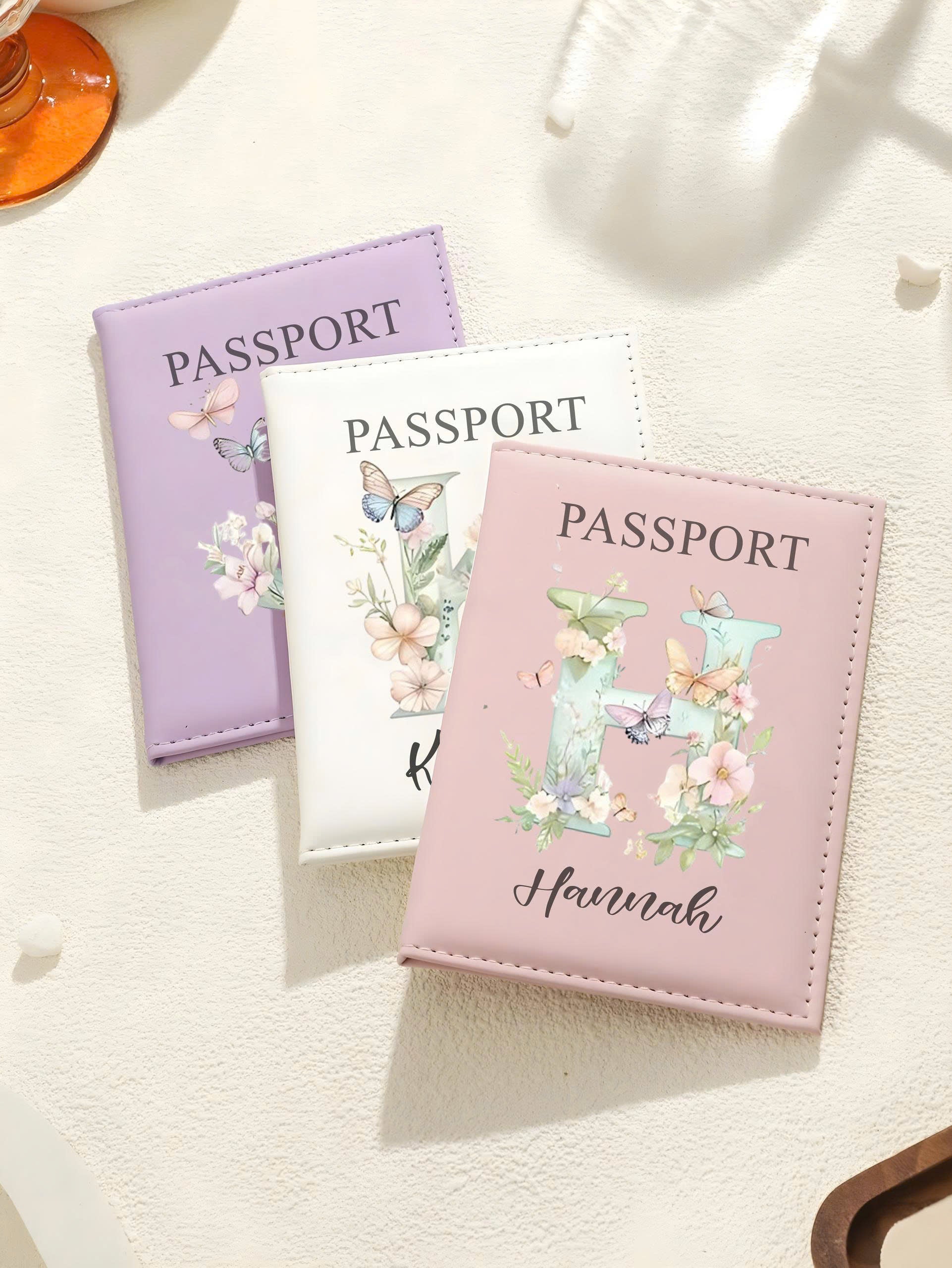 Personalized Leather Passport Cover, Custom Name Flower Alphabet Passport Holder, Travel Wallet Gift for Women Travelers