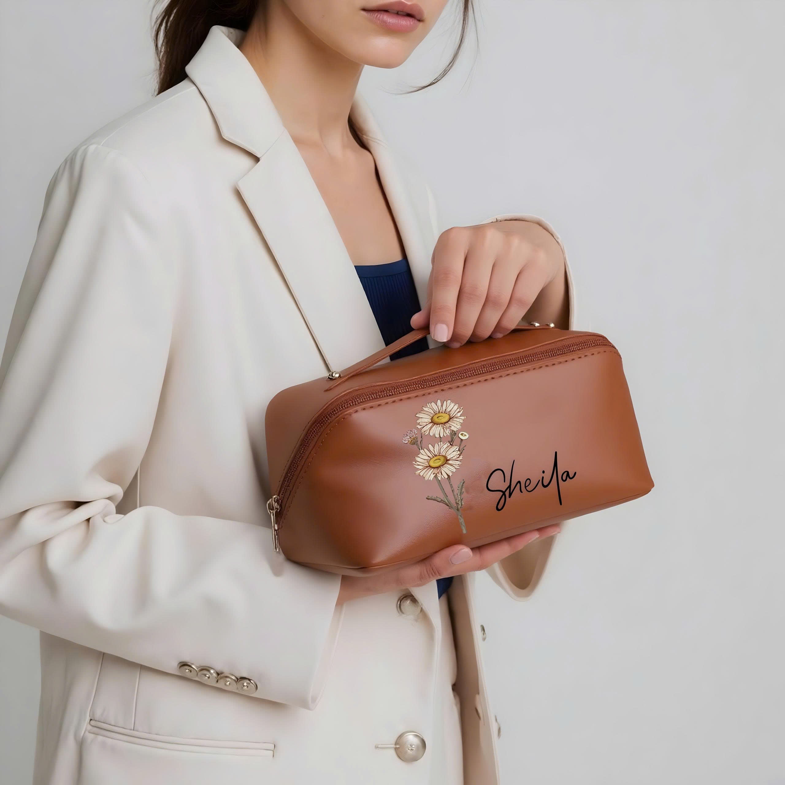 Personalized Leather Makeup Bag with Birth Flower and Name, Custom Cosmetic Bag, Bridesmaid Gift, Travel Toiletry Pouch for Women