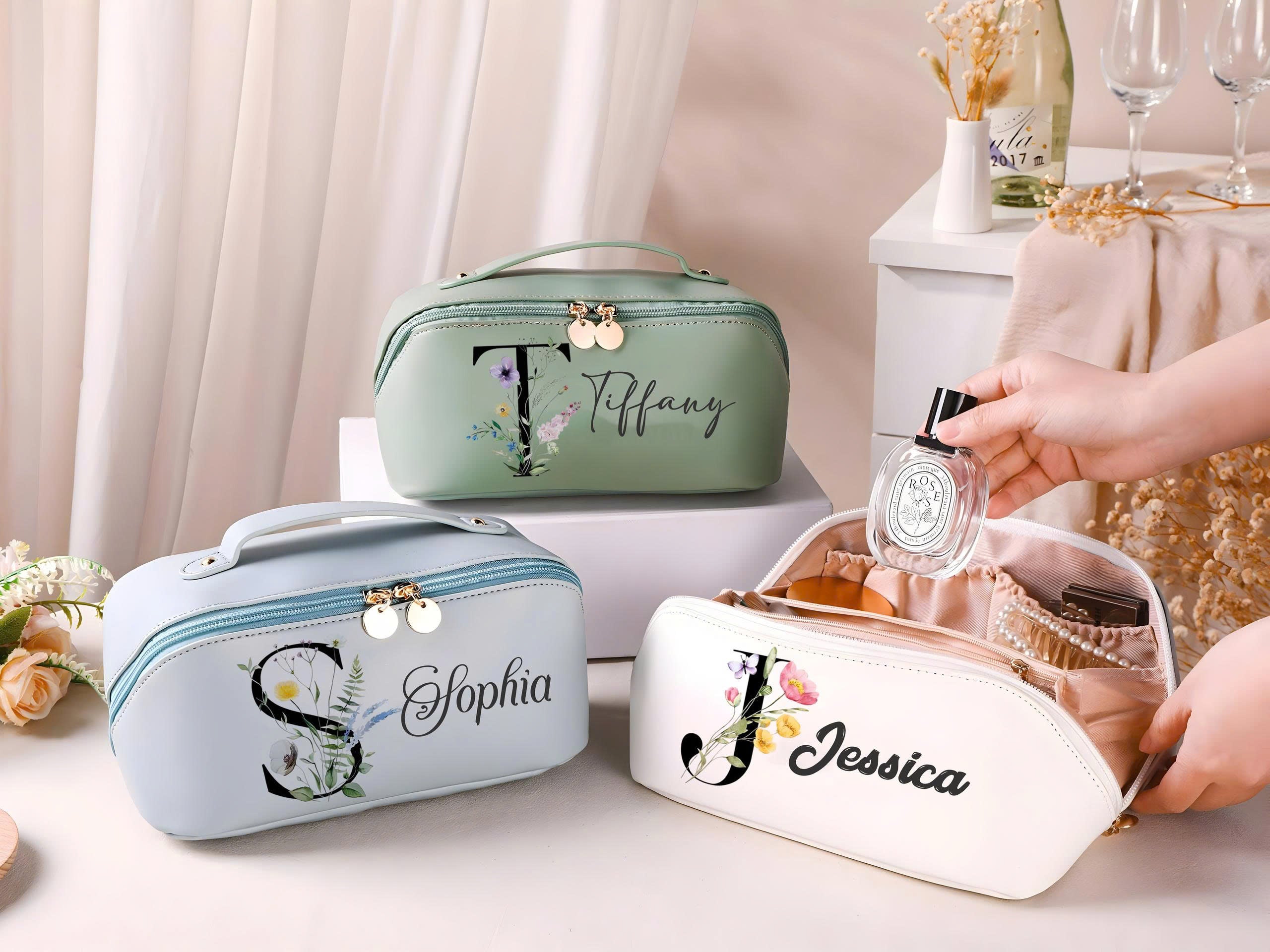 Personalized Leather Makeup Bag, Custom Name Flower Cosmetic Bag, Bridesmaid Gift, Travel Toiletry Pouch, Monogram Initial Makeup Organizer