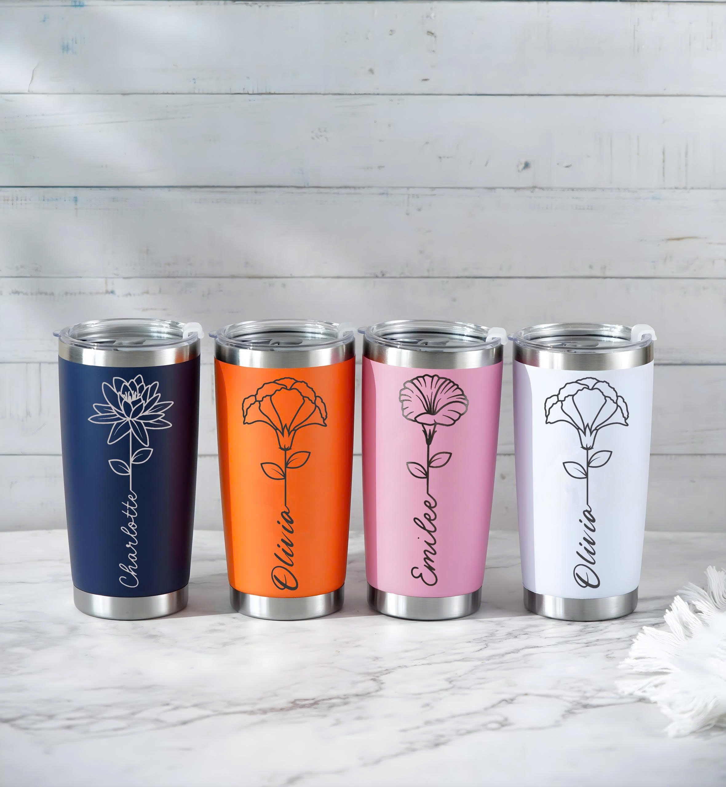 Personalized Birth Flower Tumbler, Custom Stainless Steel Travel Mug with Name, Floral Birthday Gift for Her