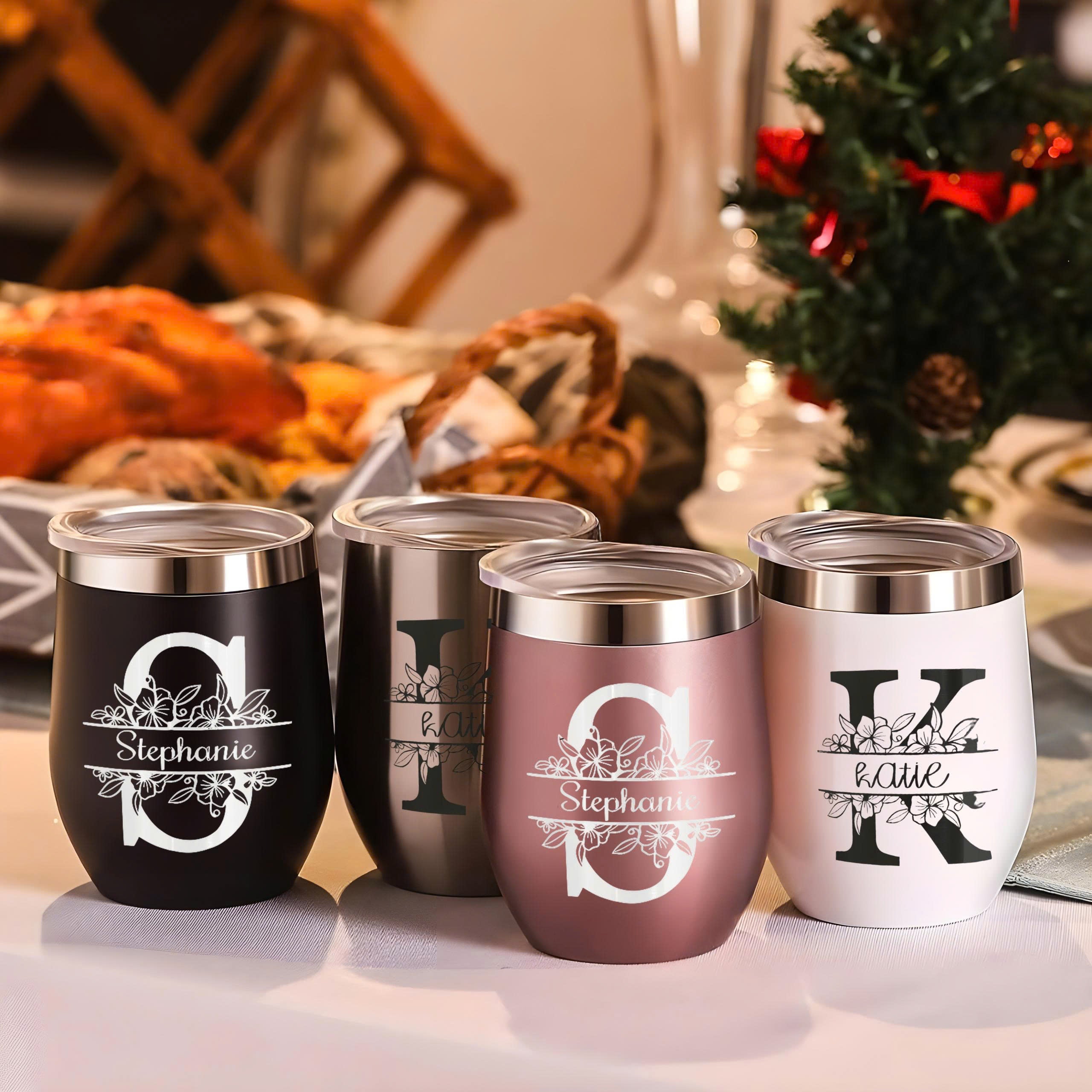 Personalized Edged Wine Tumbler, Custom Name Stemless Wine Glass, Floral Monogram Tumbler, Wedding Gift, Customizable Gift for Her, Birthday Gift