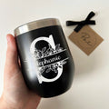Personalized Edged Wine Tumbler, Custom Name Stemless Wine Glass, Floral Monogram Tumbler, Wedding Gift, Customizable Gift for Her, Birthday Gift