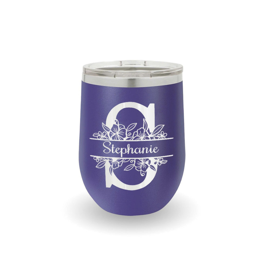 Personalized Edged Wine Tumbler, Custom Name Stemless Wine Glass, Floral Monogram Tumbler, Wedding Gift, Customizable Gift for Her, Birthday Gift