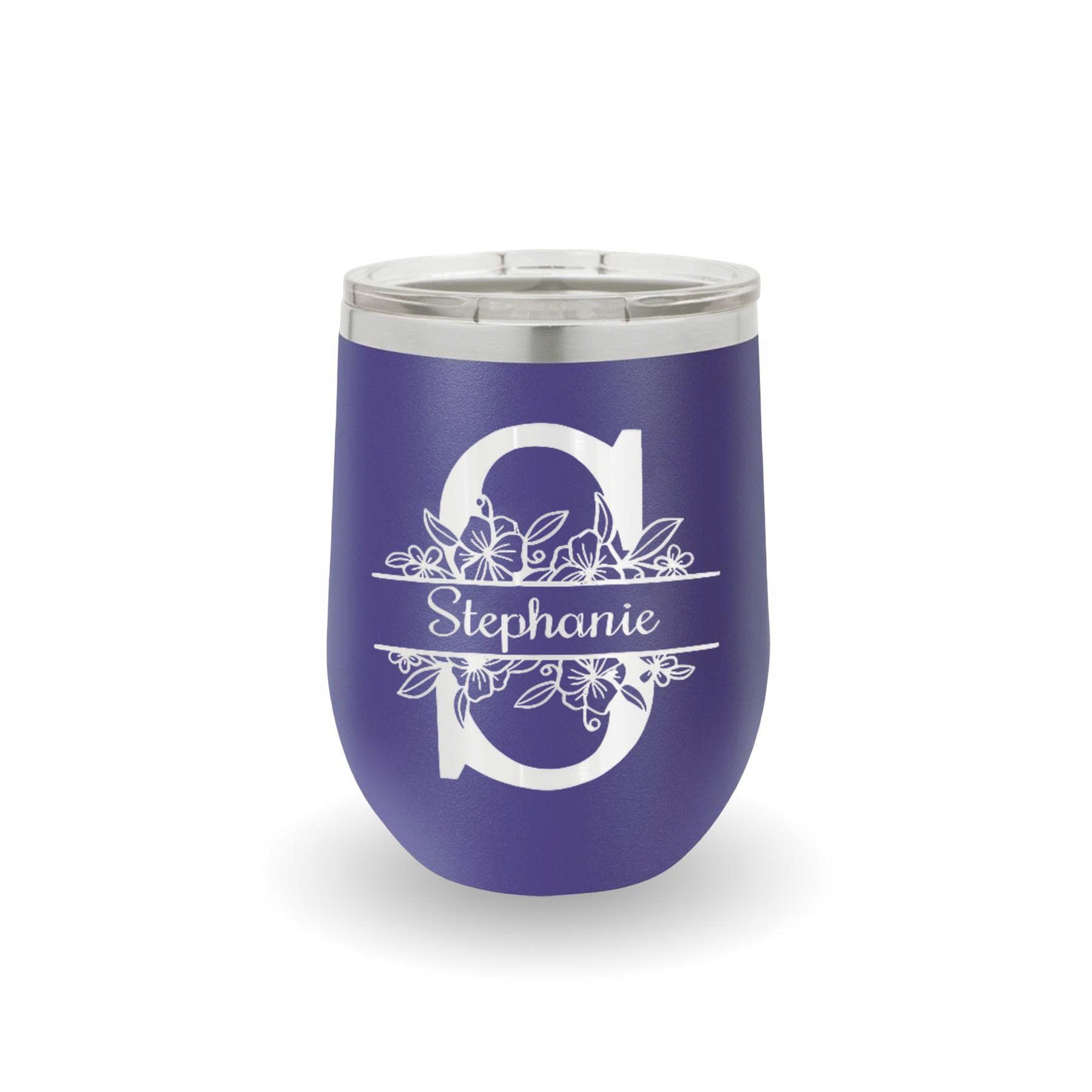 Personalized Edged Wine Tumbler, Custom Name Stemless Wine Glass, Floral Monogram Tumbler, Wedding Gift, Customizable Gift for Her, Birthday Gift